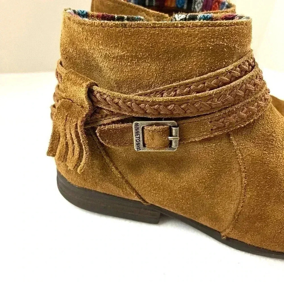 Minnetonka Women's Dixon Brown Suede Braided Buckle Moccasin Zip Booties Size 8 - Picture 2 of 10